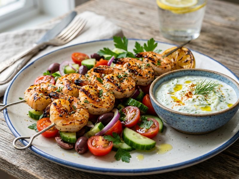 Grilled shrimp skewers with tzatziki