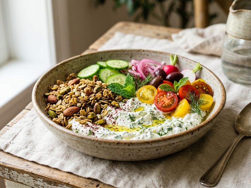 Herbed labneh breakfast bowl with olive oil granola