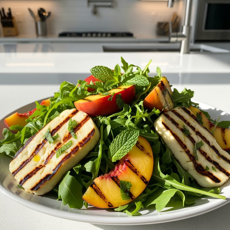 Grilled Halloumi & Peach Salad with Mint Vinaigrette