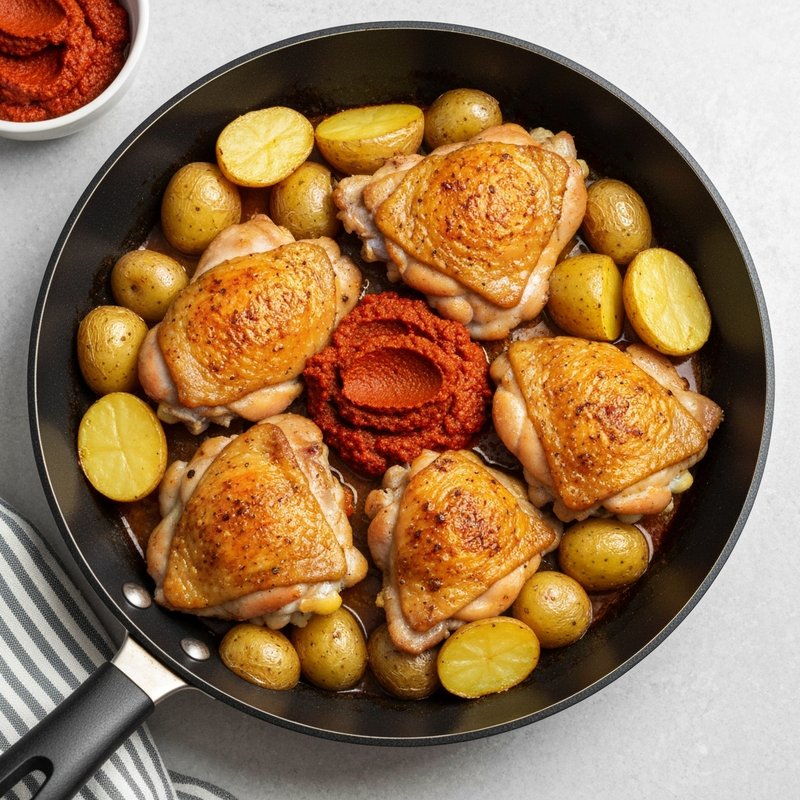 Harissa-Roasted Chicken Thighs with Lemon Potatoes