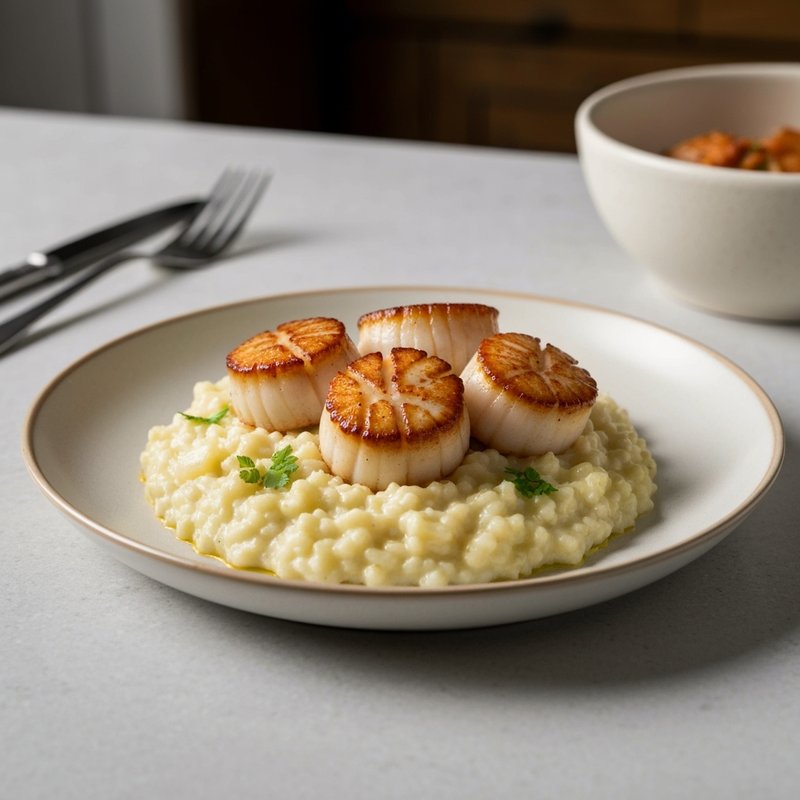Lemon Garlic Butter Scallops over Cauliflower Risotto