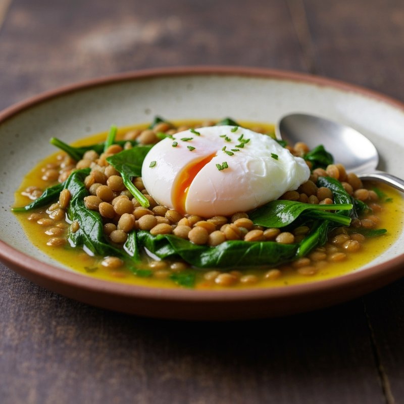 Mediterranean Lentil & Spinach Soup with Poached Egg