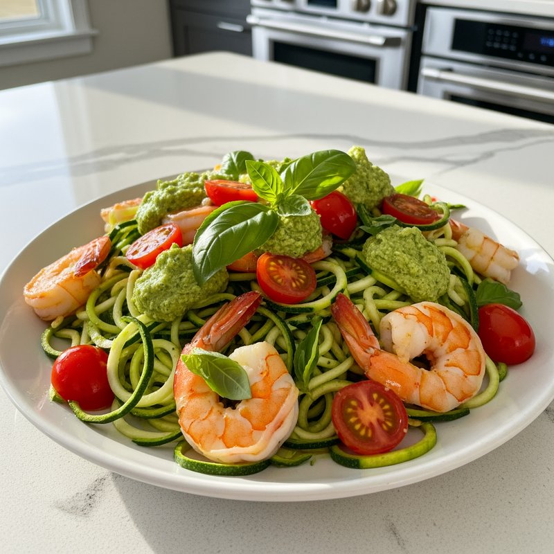Pesto Zoodle Shrimp Scampi with Cherry Tomatoes