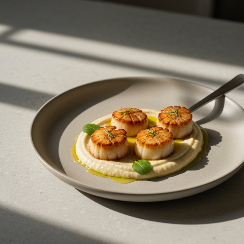 Seared Scallops over Cauliflower Purée with Saffron Oil