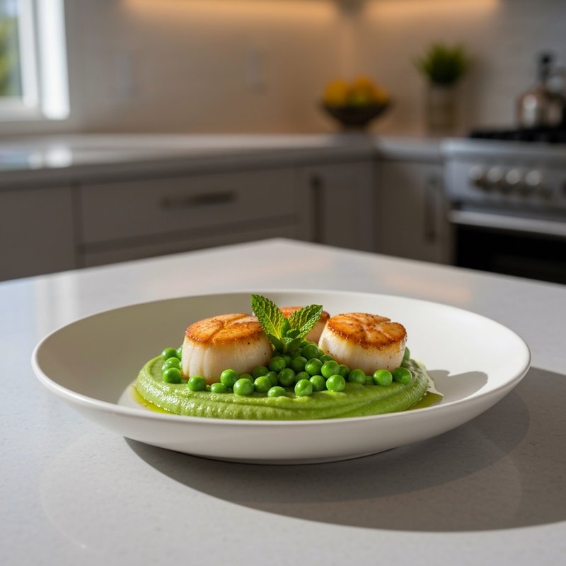 Seared Scallops with Pea Puree and Mint Oil